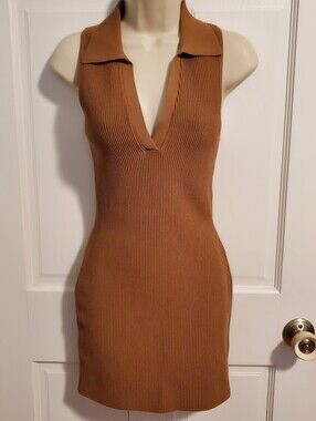 Babaton Ribbed Sleeveless Mini Dress in Camel Brown